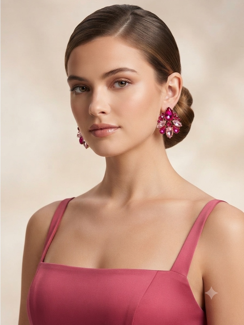 Pink Crystal Cluster Earrings Gold Tone Teardrop Statement - Picture 3 of 13